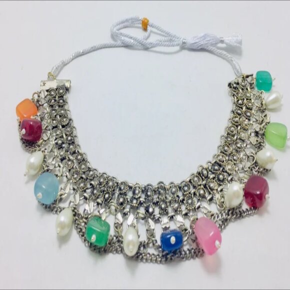 Multicolor Stones Choker Necklace, Silver Boho Choker With Pearls - Picture 6 of 9